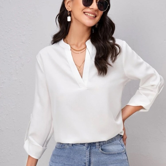 V neck long sleeve notched collar top boho black - Picture 3 of 4